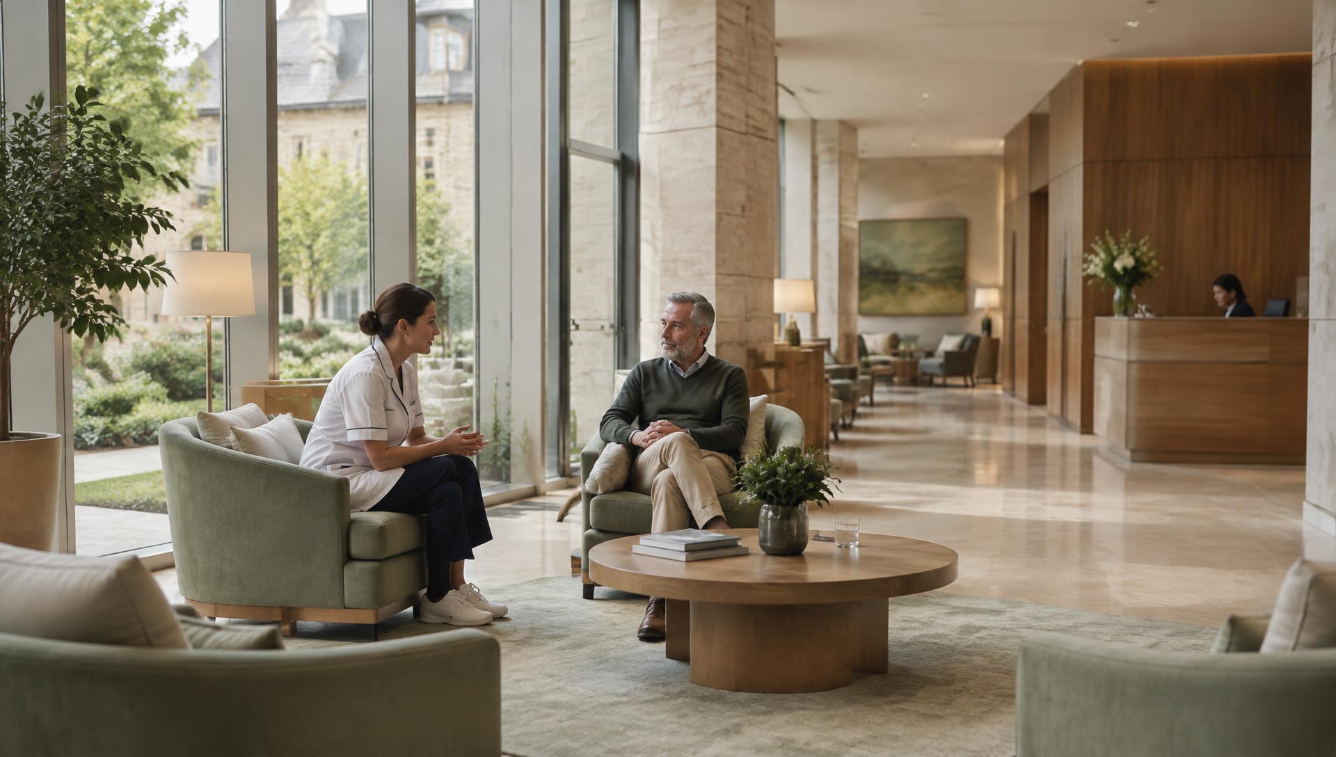 A clinician and patient in conversation within a calm healthcare environment